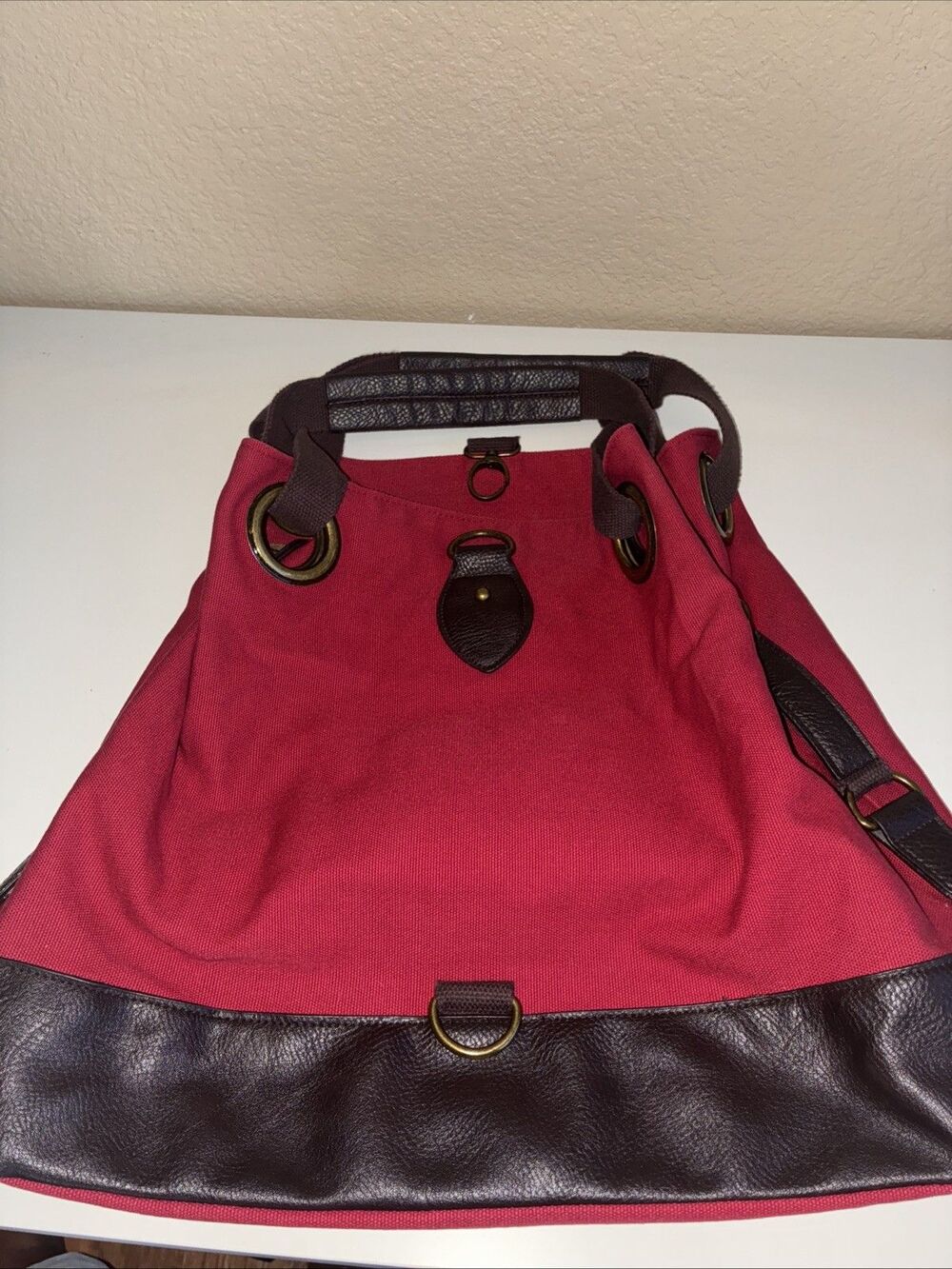 Magellan Canvas Leather Multi-Position Large Bag Tote Red Brown Outdoor Travel